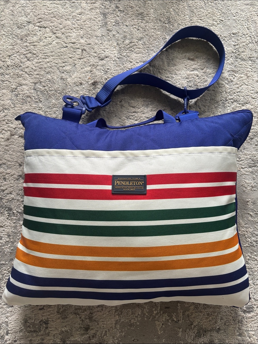 Pendleton outdoor packable blanket with Red, Green & Orange Stripes